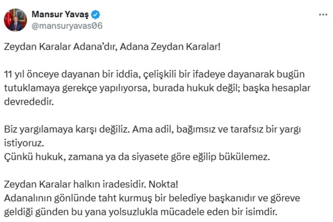 Zeydan Karalar'ın tutuklanmasına Mansur Yavaş Tan tepki: 